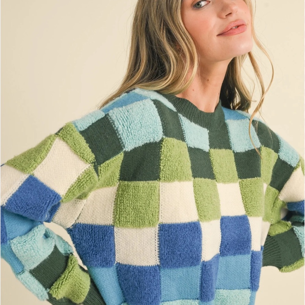 REPOSH &Merci Green and Blue Checkered Sweater in Size Medium